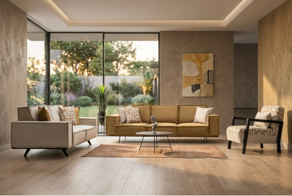 Couchgarnitur Stoffsofa Véiersëtzer Zweesëtzer Sesseli Sofa Brong Set