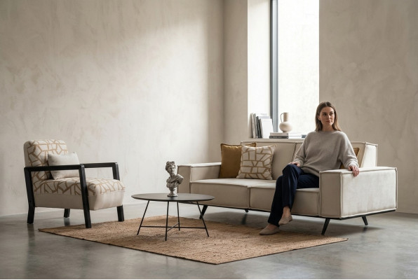 Komplett Sofa Stoffsofa Zwee-Sëtzer Fauteuil Beige Polstersofa Modern