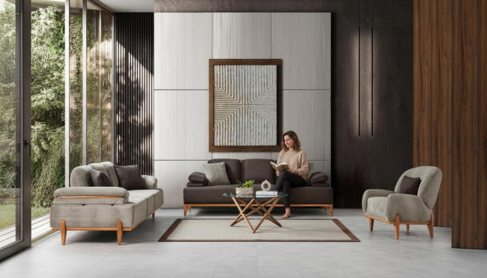 Komplett Braun-Gro Wohnzimmer Sëtzgrupp Polstersoffen Fauteuil 3 Stéck