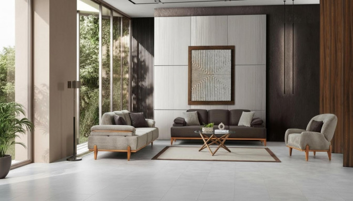 Komplett Braun-Gro Wohnzimmer Sëtzgrupp Polstersoffen Fauteuil 3 Stéck