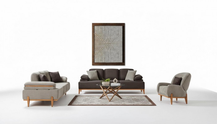 Komplett Braun-Gro Wohnzimmer Sëtzgrupp Polstersoffen Fauteuil 3 Stéck