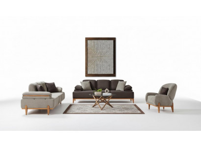 Komplett Braun-Gro Wohnzimmer Sëtzgrupp Polstersoffen Fauteuil 3 Stéck