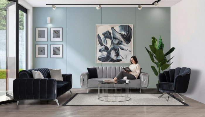 Schwaarz-grouss Edelstahl Canapé Designer Gepolstert Dräsëtzer Fautëuil 3-deel Set