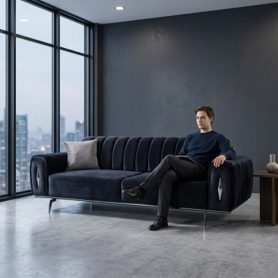 Design Dräisëtzer Schwaarz Canapé 3 Sëtzer Stoffcanapé Polsterkanapé Couch