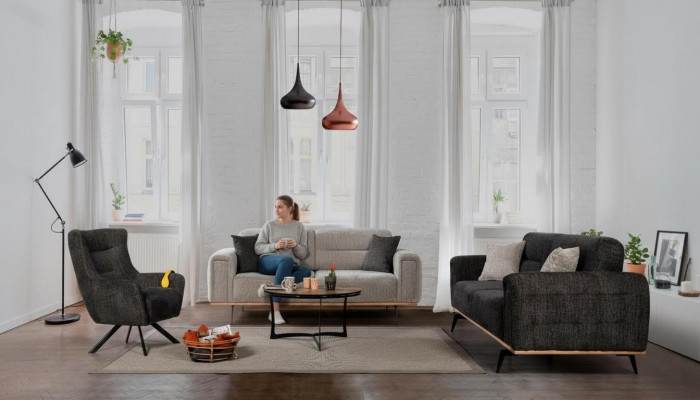 Schwaarz-Grau Sofasëtzgrupp Luxuriéis Stoffsessel Modern Wunnzëmmer Miwwelen