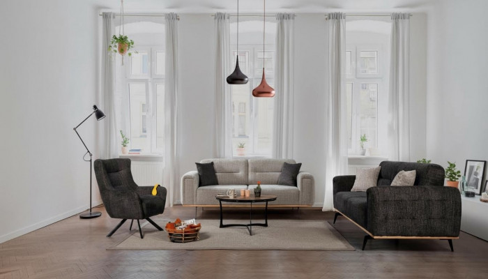 Schwaarz-Grau Sofasëtzgrupp Luxuriéis Stoffsessel Modern Wunnzëmmer Miwwelen