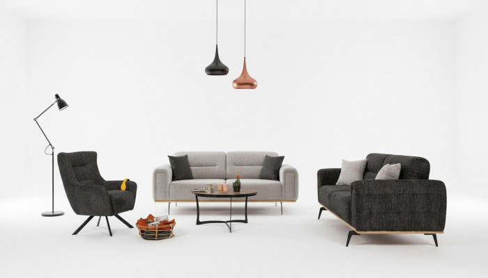 Schwaarz-Grau Sofasëtzgrupp Luxuriéis Stoffsessel Modern Wunnzëmmer Miwwelen