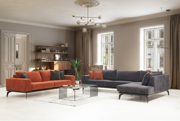 Gräichen Eckcouch Designer Dräisëtzer Stoftkanapéen Wunnzëmmer Set