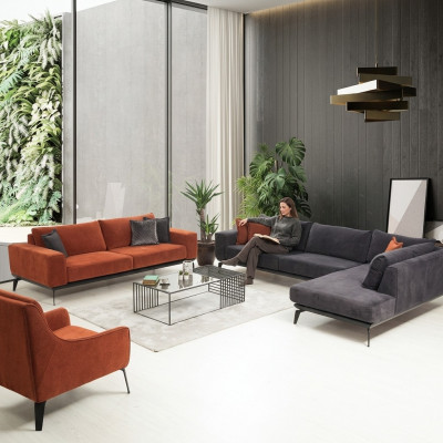 Grau-Orangen Couchgarnitur Luxus Wunnzëmmer Miwwelen 3-Sëtz Ecksofa