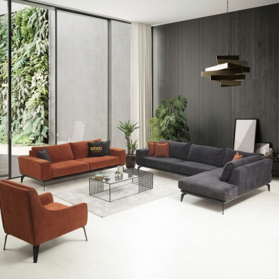 Grau-Orangen Couchgarnitur Luxus Wunnzëmmer Miwwelen 3-Sëtz Ecksofa