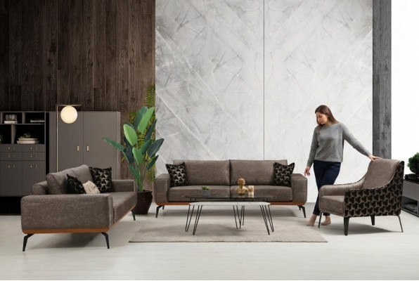 Komplett Wunnzëmmer Couch Garnitur 2x 3-Sëtzer Sofaren Stoff Fotel 3 Stéck