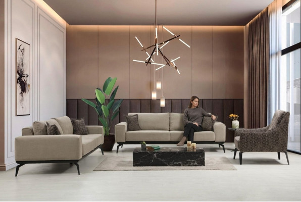 Beige Stoffdivanen Komplett Garnitur Dräisëtzer Polstersofa Fauteuilen