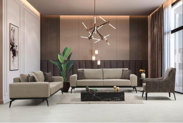 Beige Stoffdivanen Komplett Garnitur Dräisëtzer Polstersofa Fauteuilen