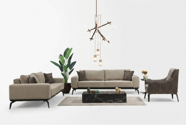 Beige Stoffdivanen Komplett Garnitur Dräisëtzer Polstersofa Fauteuilen