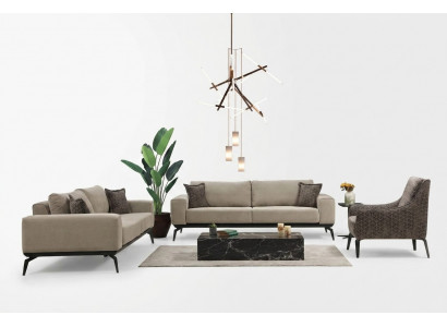 Beige Stoffdivanen Komplett Garnitur Dräisëtzer Polstersofa Fauteuilen