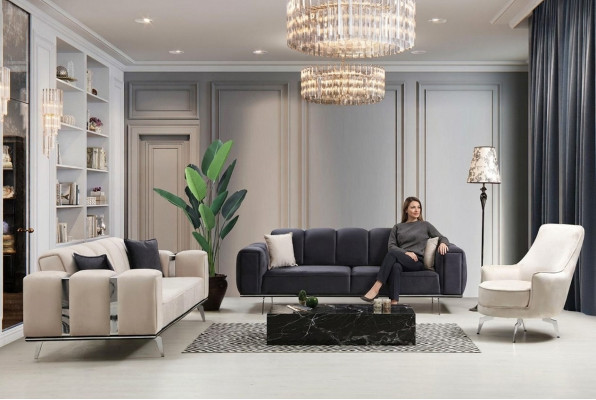Luxus Canapé-Garnitur Dräisitze Fauteuil Canapé Béiges Stoffsofa Sofas 3tlg