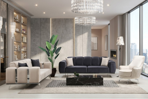 Luxus Canapé-Garnitur Dräisitze Fauteuil Canapé Béiges Stoffsofa Sofas 3tlg