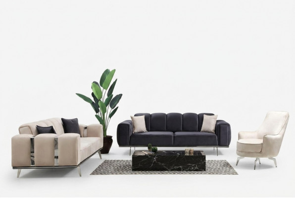 Luxus Canapé-Garnitur Dräisitze Fauteuil Canapé Béiges Stoffsofa Sofas 3tlg