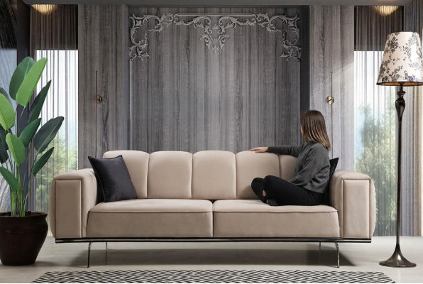 Couch Luxus Stoffsofa Dräisëtzer Polstersofa Beige Sofa Stoff 3 Sëtz