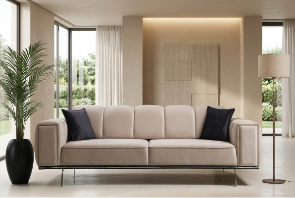 Couch Luxus Stoffsofa Dräisëtzer Polstersofa Beige Sofa Stoff 3 Sëtz