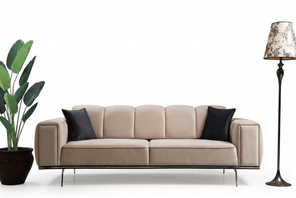 Couch Luxus Stoffsofa Dräisëtzer Polstersofa Beige Sofa Stoff 3 Sëtz