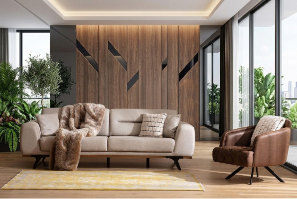 Sofa-Garnitur Klassesch Stoffsofa Dräi-Sëtzer Fotell Beige Polstersofa