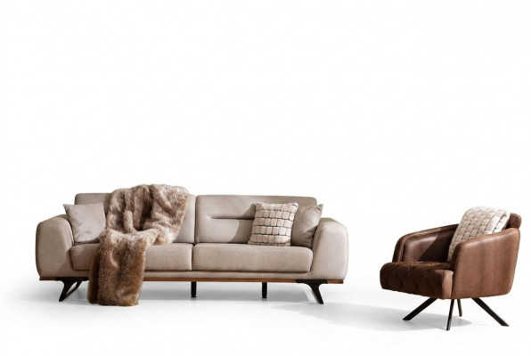Sofa-Garnitur Klassesch Stoffsofa Dräi-Sëtzer Fotell Beige Polstersofa