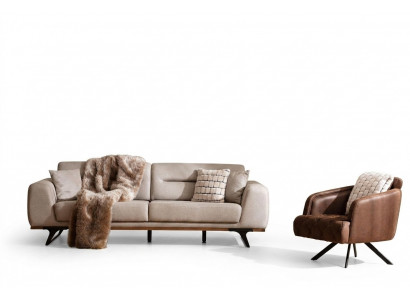 Sofa-Garnitur Klassesch Stoffsofa Dräi-Sëtzer Fotell Beige Polstersofa