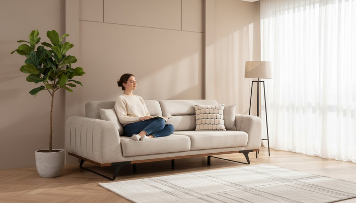 Stoffdivan Dräisëtzer Beige Divan 3 Sëtzer Polstersdivan Couch Design