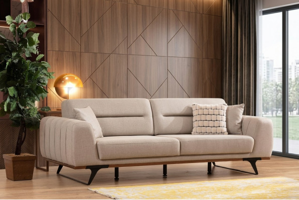 Stoffdivan Dräisëtzer Beige Divan 3 Sëtzer Polstersdivan Couch Design