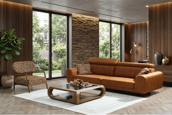Komplett Couchgarnitur Véiersëtzer Fauteuil Couch Braun Liederimitat Sofas