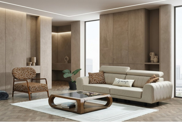 Canapé-Gruppe Stoffcanapé Polsterkanapé Dräi-Sëtz Fauteuil Beige Canapé 2 Deeler