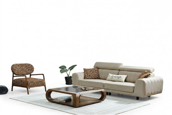 Canapé-Gruppe Stoffcanapé Polsterkanapé Dräi-Sëtz Fauteuil Beige Canapé 2 Deeler