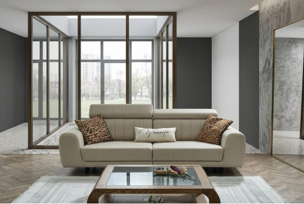 Stoffsofa Couch Dräisëtzer Design Sofa 3 Sëtzer Polstersofa Beige