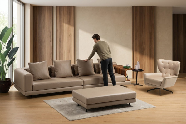 Sofagarnitur Polstersofa Véiersëtzergarnitur Fotell Beige Sofa 2tl. Kënschtleeder
