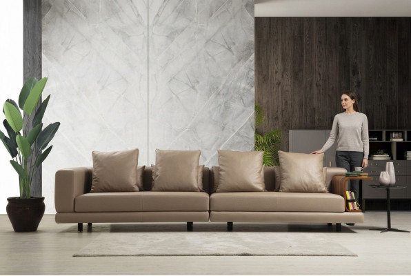 Viersëtzer Canapé Beige Sofa 4 Sëtzer Polstersofa Modern Kënschtlechen Lieder