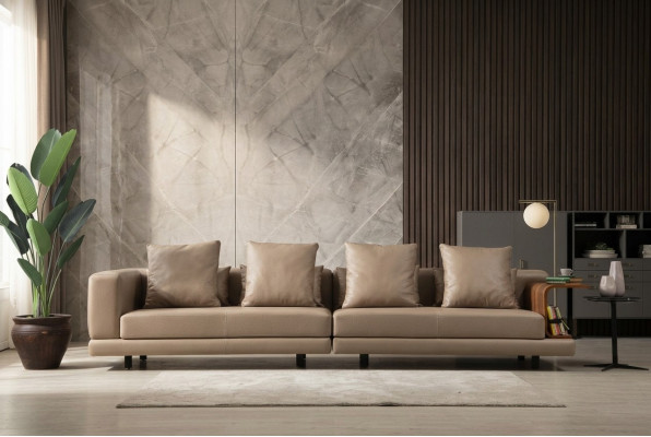 Viersëtzer Canapé Beige Sofa 4 Sëtzer Polstersofa Modern Kënschtlechen Lieder
