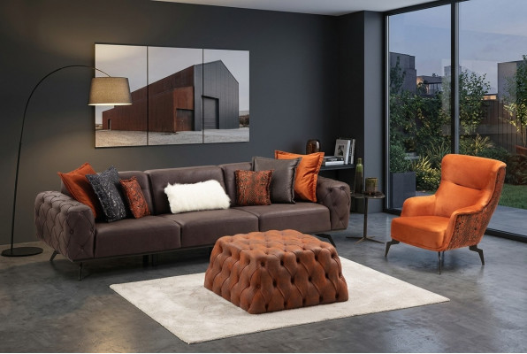 Kompletten 4-Sëtzer Fotel Canapé Braun Polstersofa Stoffsofa Set 2rtg