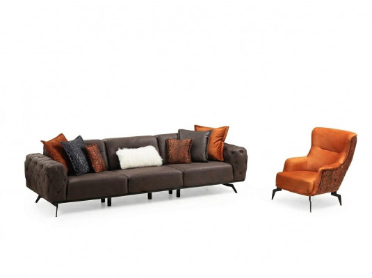Kompletten 4-Sëtzer Fotel Canapé Braun Polstersofa Stoffsofa Set 2rtg