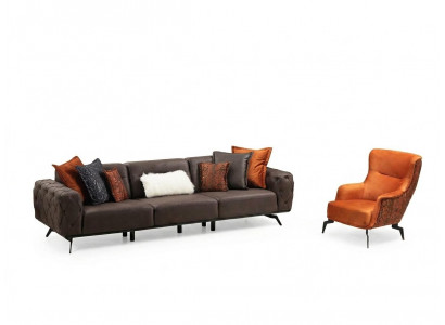 Kompletten 4-Sëtzer Fotel Canapé Braun Polstersofa Stoffsofa Set 2rtg