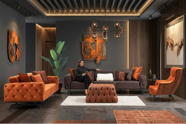 Couchgarnitur Véiersëtzer Dräisëtzer Fauteuil Orange Canapé 3tlg Stoffsopha