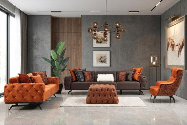 Couchgarnitur Véiersëtzer Dräisëtzer Fauteuil Orange Canapé 3tlg Stoffsopha