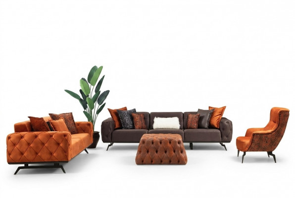 Couchgarnitur Véiersëtzer Dräisëtzer Fauteuil Orange Canapé 3tlg Stoffsopha