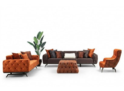 Couchgarnitur Véiersëtzer Dräisëtzer Fauteuil Orange Canapé 3tlg Stoffsopha