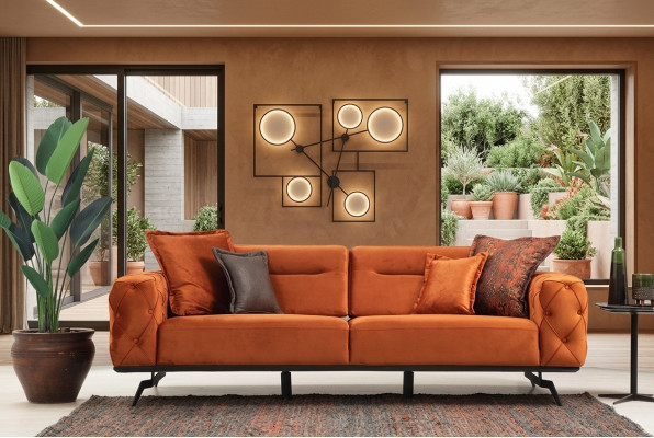 Dreisëtzer Canapé Orange Sofa 3 Sëtzer Polstersofa Chesterfield