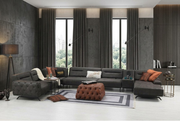 Eckcouch an U-Form Polstersofa Stoffsued-Set Couch Grau Grouss Sofa
