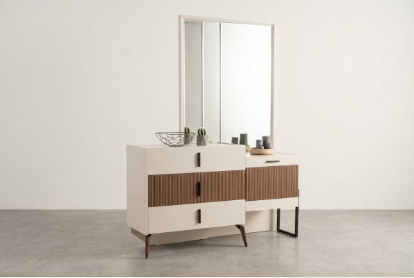 Coiffeuscht Dësch, Kosmetikdësch, Make-up Kommode, Spigel, Holz, Beige, Konsole