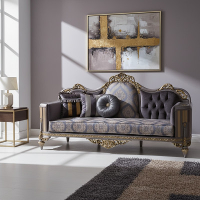 Sofa am klassesche Stil mat Chesterfield-Design fir d'Wunnzëmmer.