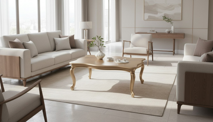 Gëllenen Canapé-Dësch Dësch Niewendësch Kaffisdësch Luxus Holz Design Modern