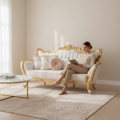 E eent luxuriéist an entspaanend Sofa am klassséchene Stil mat goldene Musteren